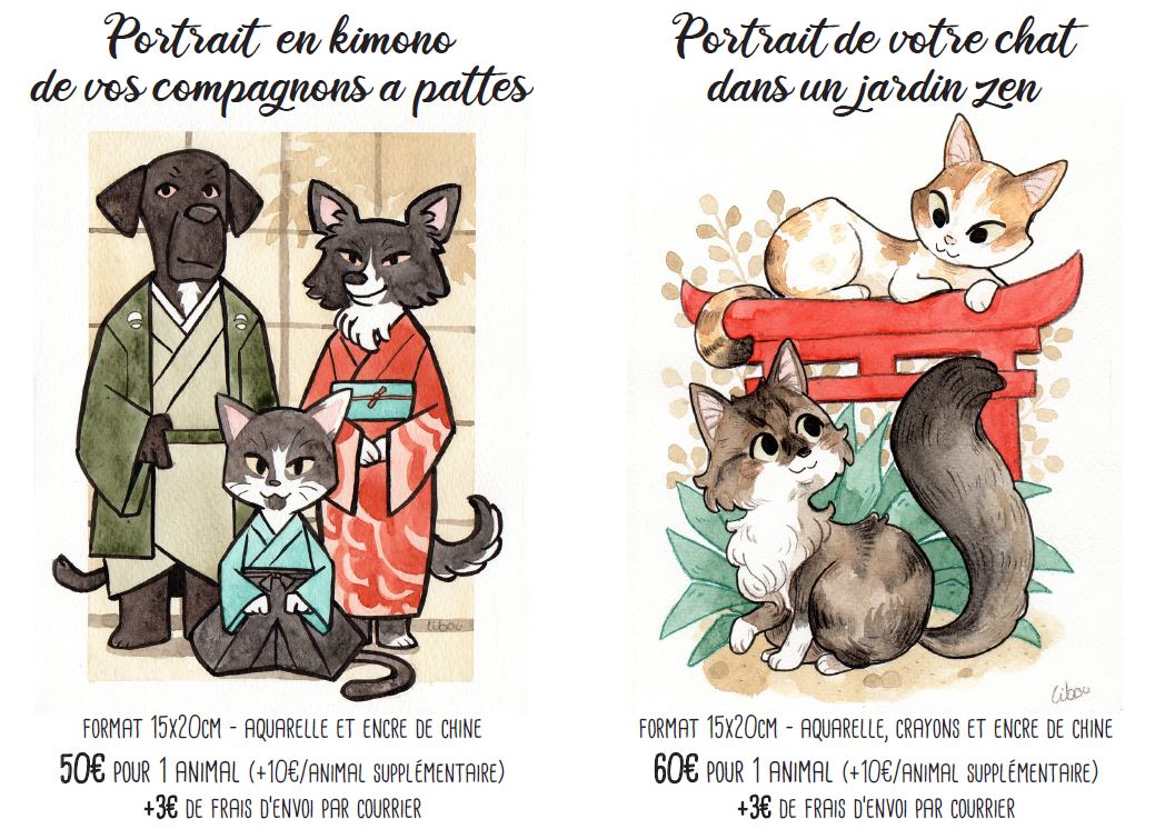 portrait illustré d'animaux, chats et chiens en tenue japonaise kimono ou dans un jardin zen japonais 
