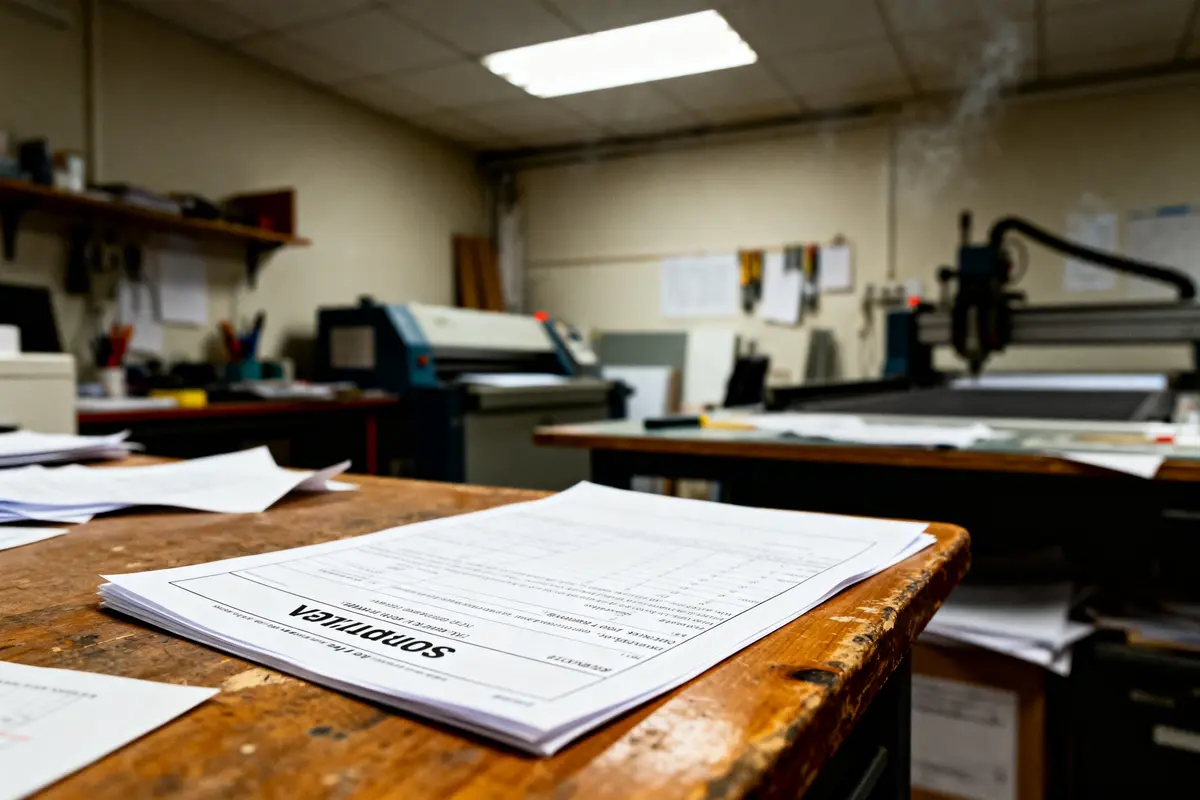 Papier intitulé "SORITUZEA" sur bureau en bois dans un atelier avec équipement d'impression en arrière-plan.