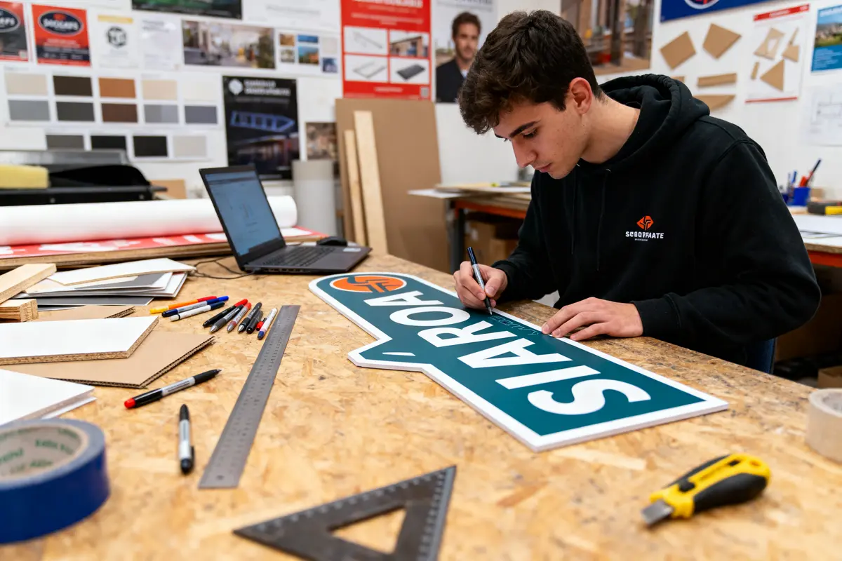 Jeune homme travaille minutieusement sur une enseigne, entouré d'outils et de matériel, en atelier créatif.