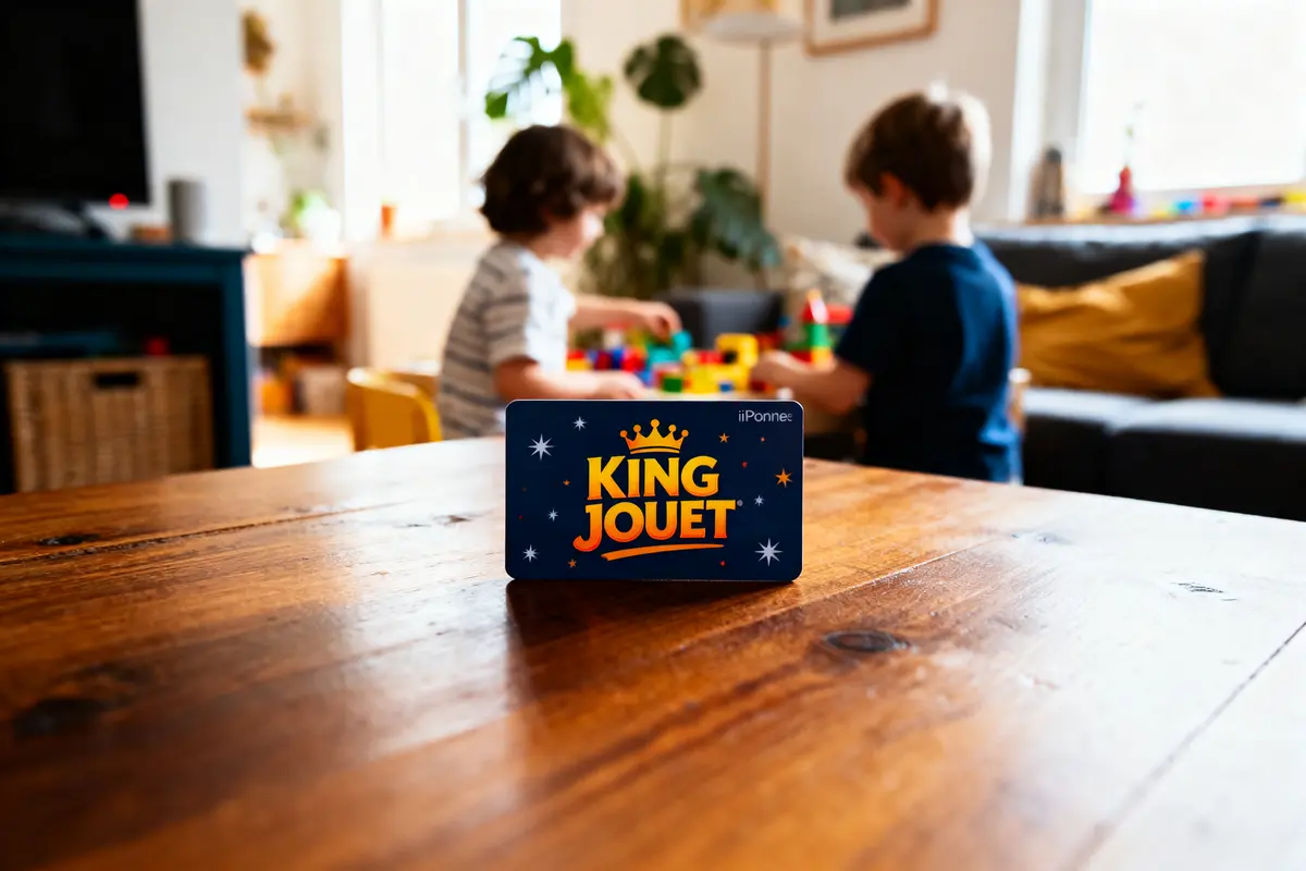 Carte King Jouet sur table, enfants jouant avec blocs colorés en arrière-plan, salon lumineux.