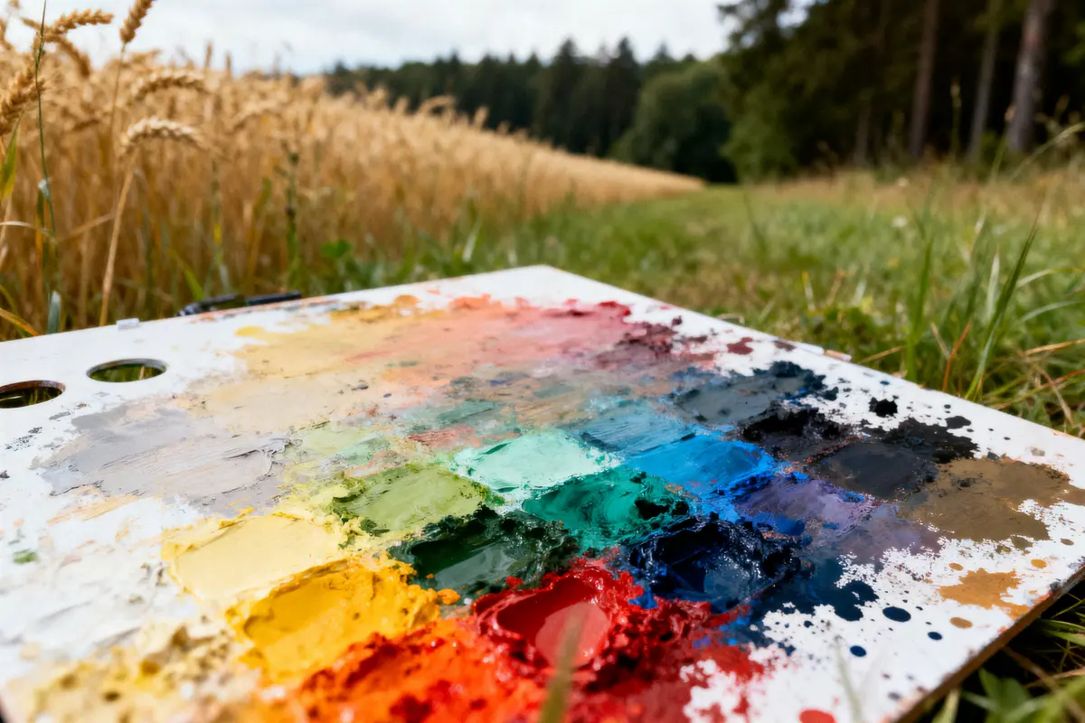 Palette de peinture colorée posée dans un champ de blé, forêt en arrière-plan.
