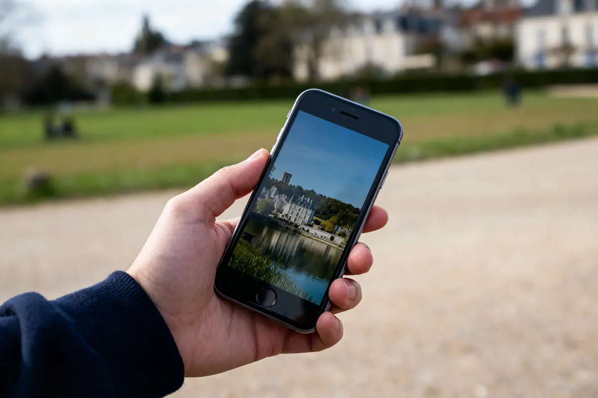 Une main tenant un smartphone montrant une photo de château, avec parc en arrière-plan.