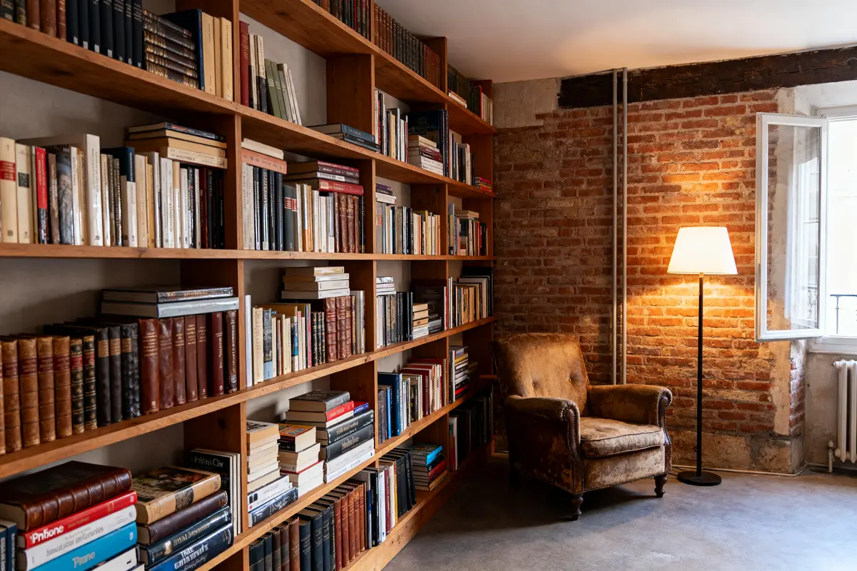 Bibliothèque en bois, mur de briques, fauteuil ancien, lampe allumée près d'une fenêtre ouverte. Ambiance chaleureuse.