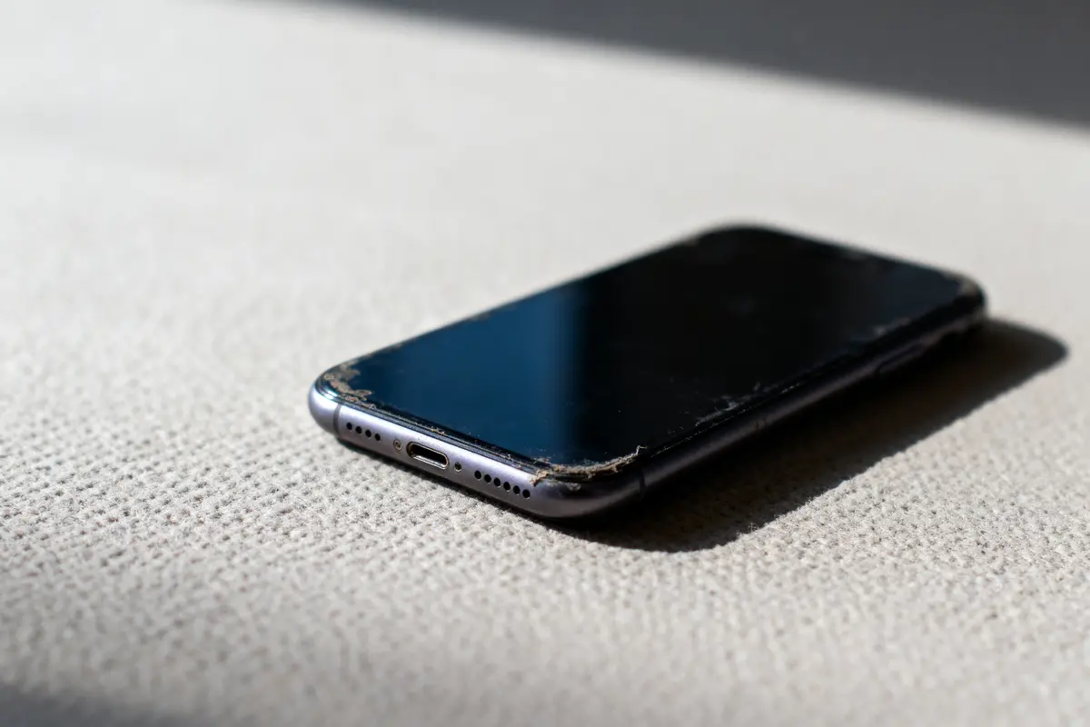 Smartphone ancien et usé, écran éteint, posé sur une surface claire sous la lumière du soleil.