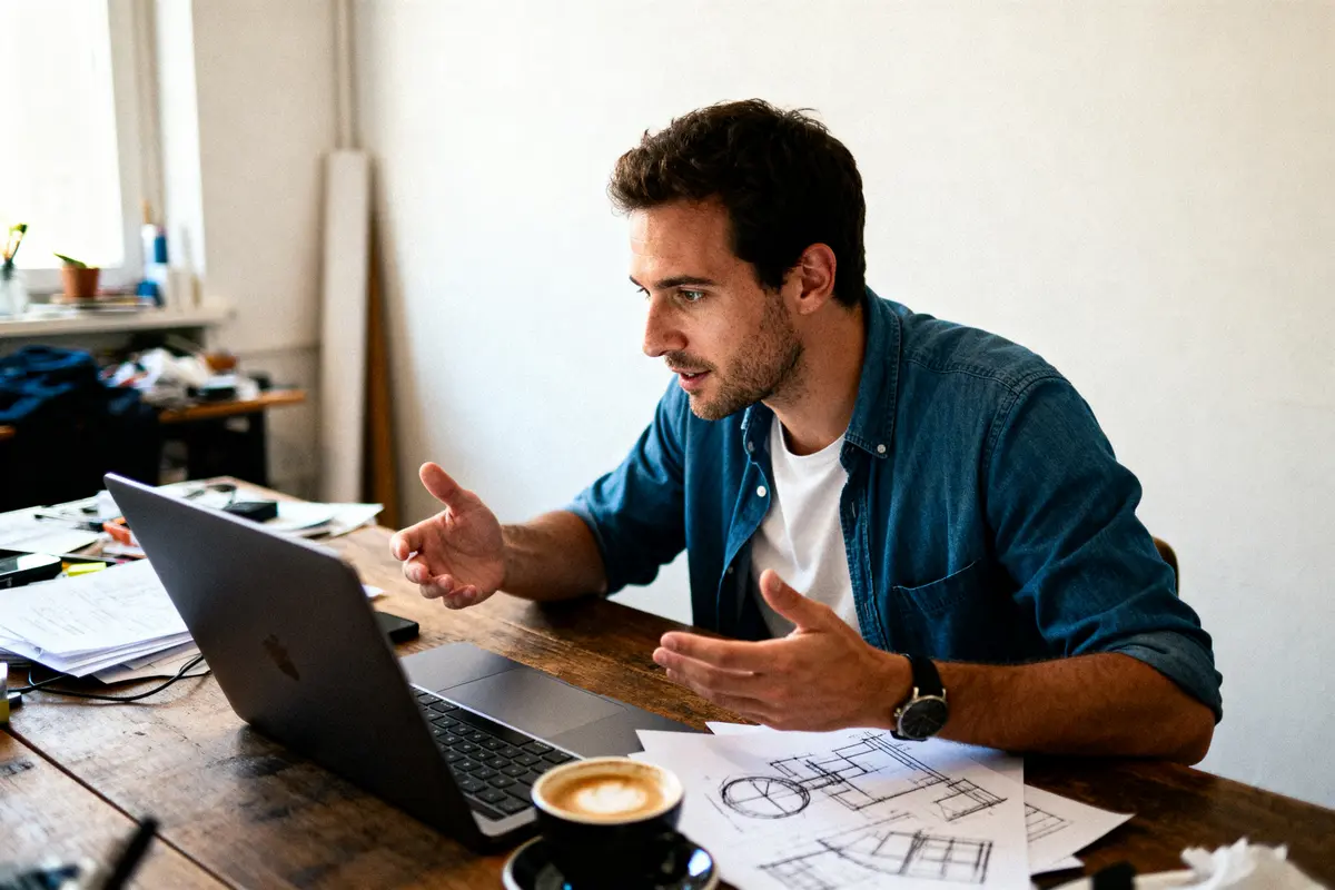 Homme discutant en visioconférence, plans architecturaux et café sur table en bois, intérieur bureau lumineux.