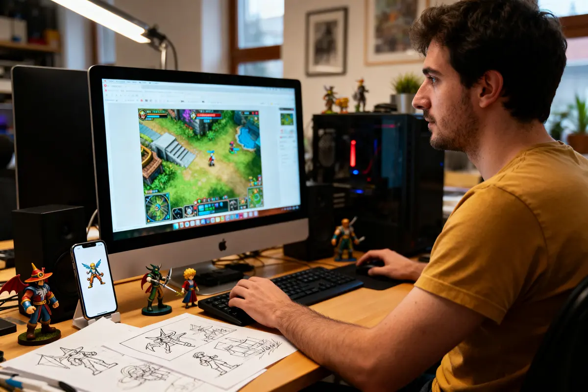 Homme créant un jeu vidéo sur ordinateur, entouré de figurines et croquis de personnages.