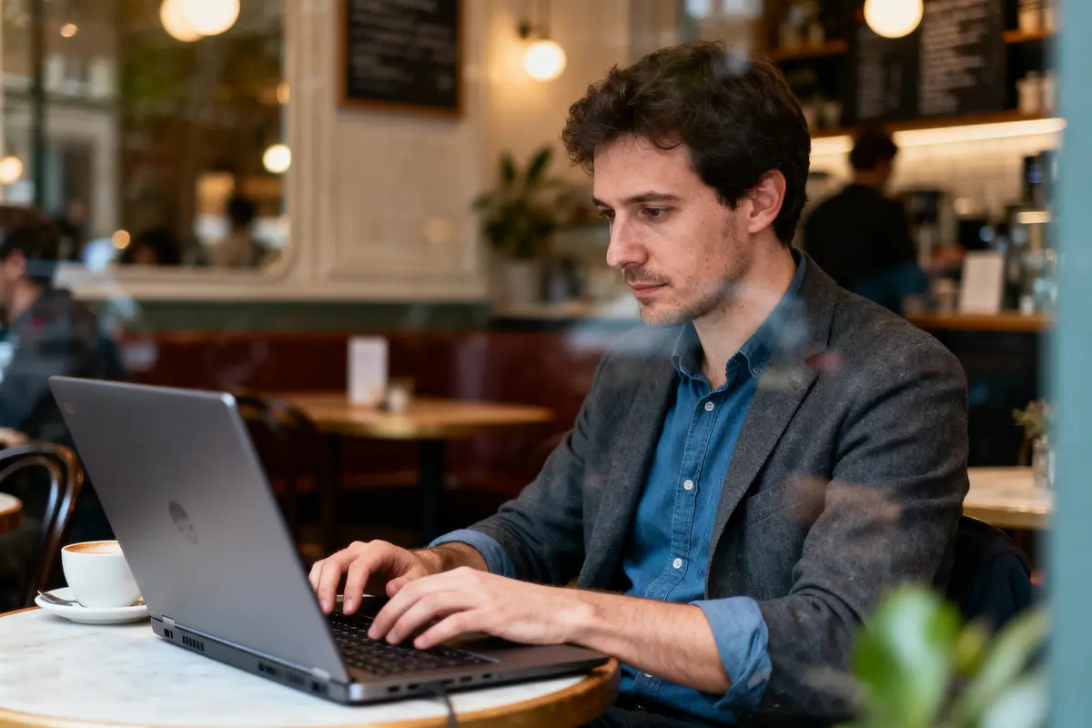 Homme travaillant sur un ordinateur portable dans un café, boisson à côté, atmosphère détendue et moderne.