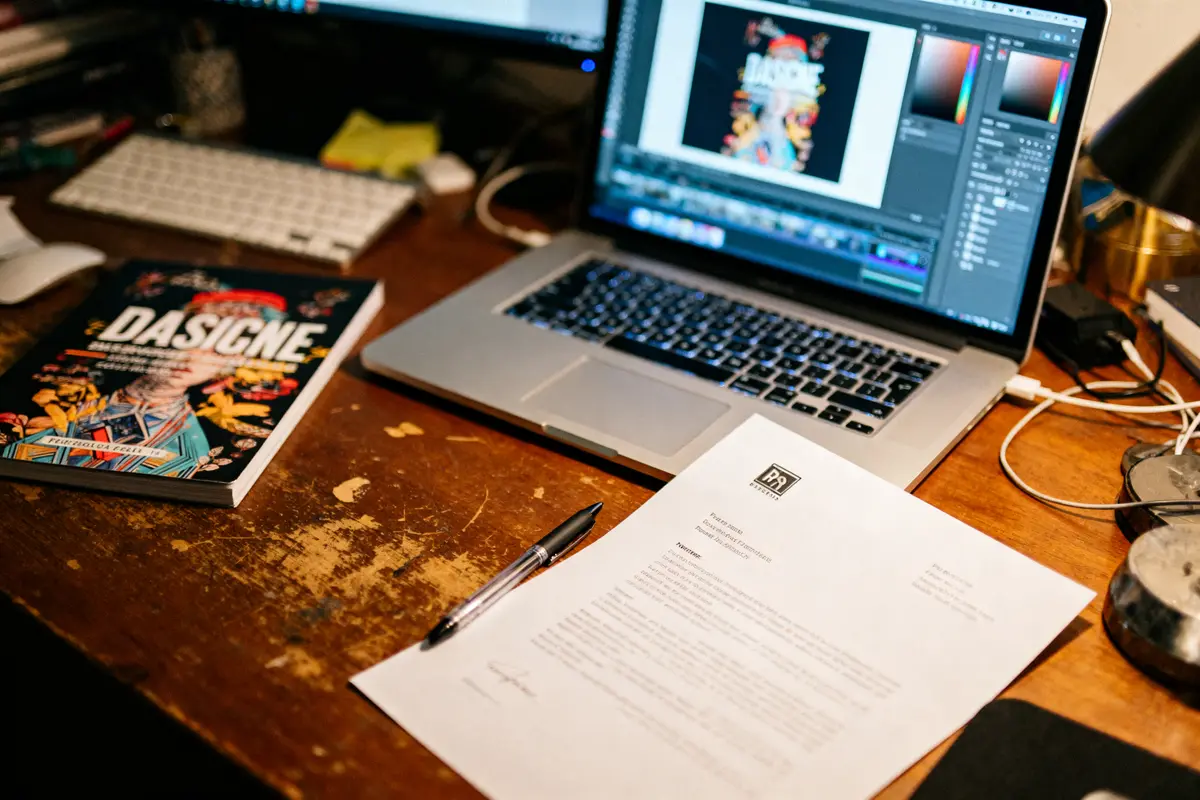 Bureau avec ordinateur portable, livre "DASIGNE", clavier, document imprimé et stylo sur une table en bois.