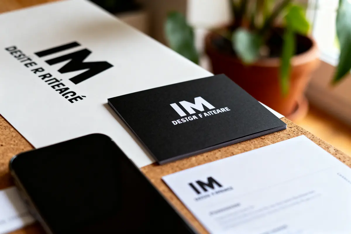 Cartes de visite noires et blanches, initiales "IM", plante verte en arrière-plan flou.