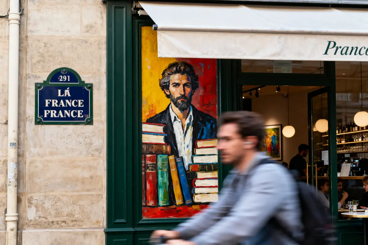 Fresque colorée d’homme barbu entouré de livres, cycliste flou passant devant un café à Paris.
