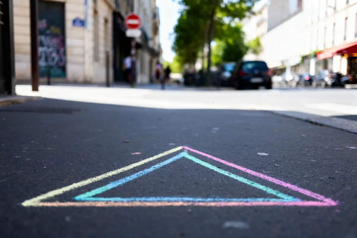Triangle de craie coloré sur trottoir, rue urbaine en arrière-plan avec arbres et voitures floues.
