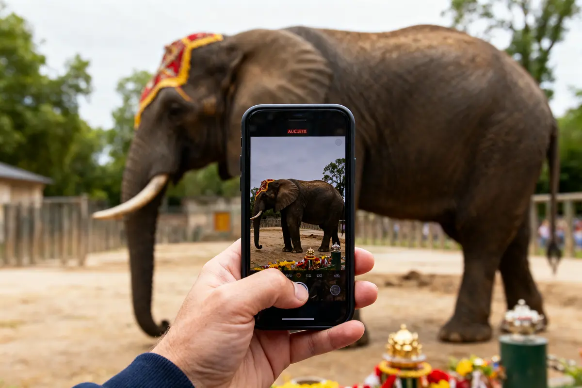 Main tenant un smartphone photographiant un éléphant décoré debout sur fond d'arbres et de clôture.