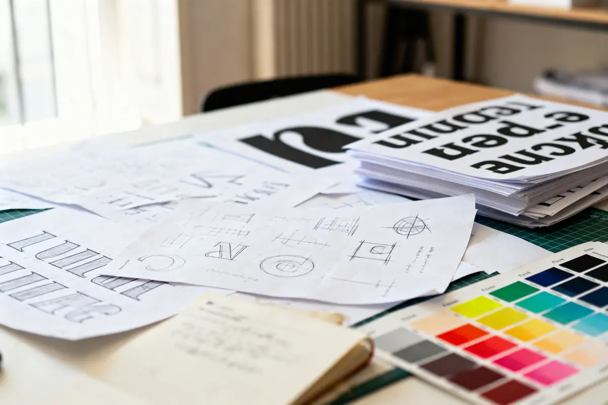 Documents de typographie et palette de couleurs sur un bureau de design graphique.