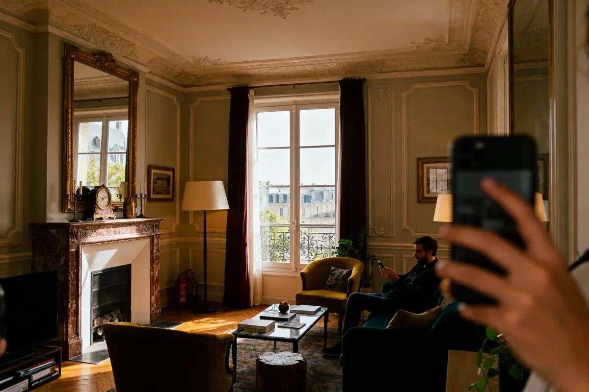 Salon élégant avec cheminée, grandes fenêtres, homme sur canapé, téléphone en main, décor classique, lumière naturelle.