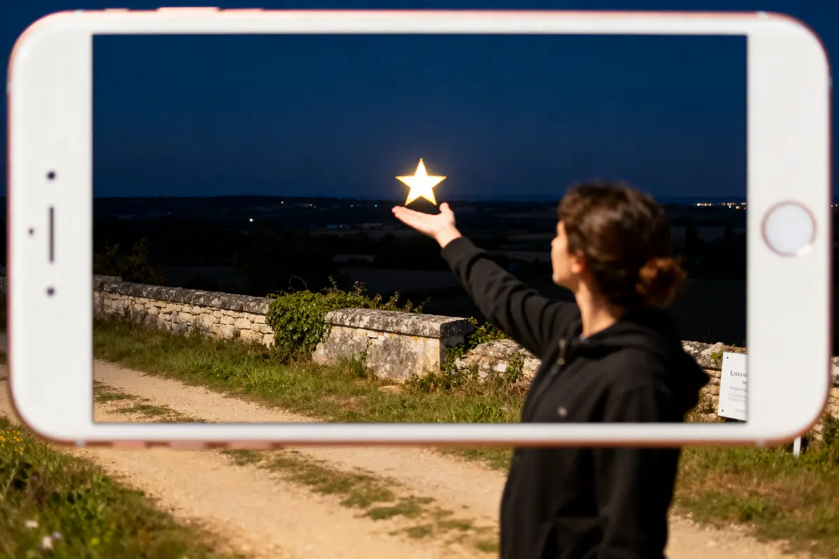Femme tenant une étoile lumineuse via écran de téléphone, nuit, chemin de campagne et mur de pierre.