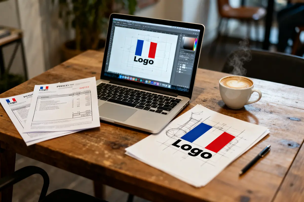 Ordinateur affichant design logo avec devis indiquant le prix d'un logo sur la table