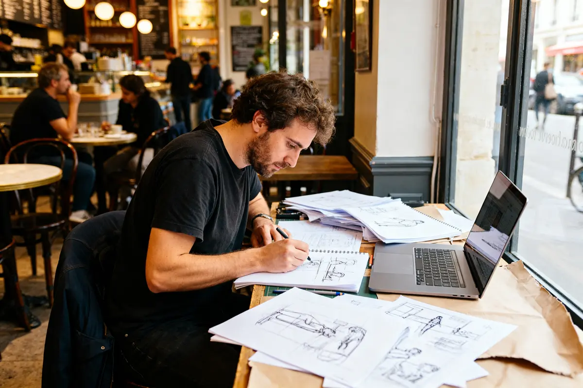 Storyboarder créant des esquisses sur un carnet dans un café animé avec ordinateur portable
