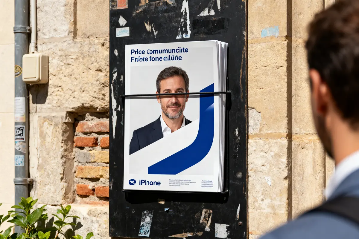 Affiche publicitaire sur un support de communication urbain avec portrait d'homme en costume